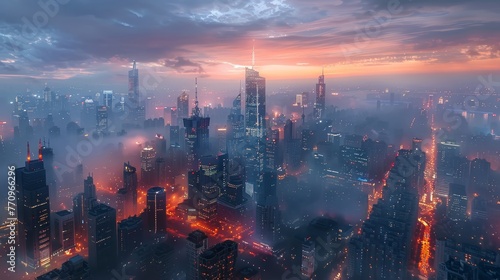 A city skyline with a foggy atmosphere and a beautiful sunset. The city is lit up with lights  creating a warm and inviting mood
