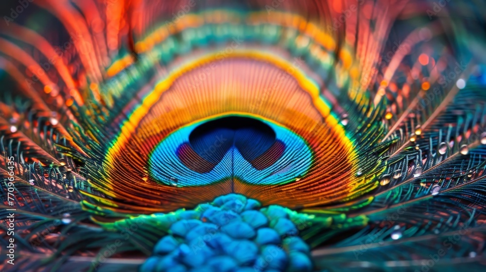 Naklejka premium A colorful feather with a blue center and red and yellow edges. The feather is wet and has a rainbow-like appearance