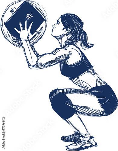 the vector illustration hand-drawn sketch of the fit woman with a med ball in her hands  