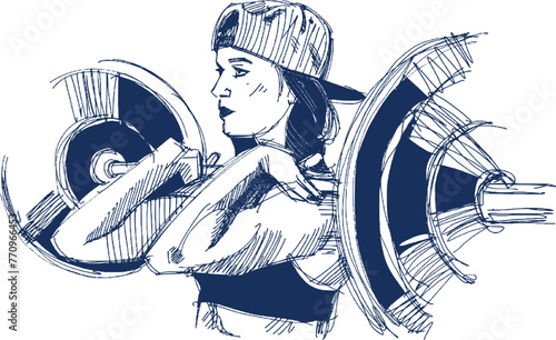 vector illustration sketch of the fit weightlifter woman with a barbell in her hands 
