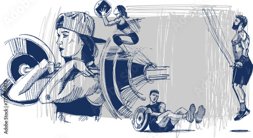 hand-drawn illustration of a man doing an exercise with a speed rope jump, a woman lifting a heavy weight on a barbell, and another  man doing his weight work 