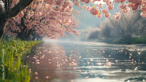 A beautiful scene of a river with pink cherry blossoms on the banks. The water is calm and the trees are in full bloom. Concept of tranquility and serenity