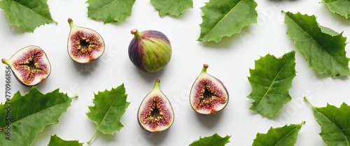 Fresh figs with green leaves on white background. Top view flat lay