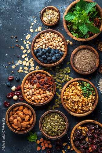 various types of nuts and fruits in bowls on a dark background