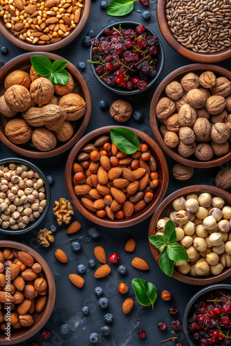 various types of nuts and fruits in bowls on a dark background