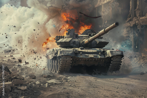 A tank is driving through a war zone with smoke and fire in the background photo