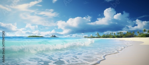 A picturesque natural landscape of a tropical beach with crystal clear water, waves crashing against the shore under a sunny sky dotted with fluffy cumulus clouds