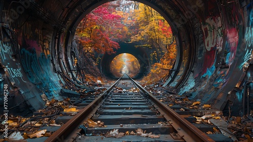 Focus on the intricate decay of an abandoned subway tunnel, its tracks choked with debris and graffiti-covered walls bearing silent witness to the passage of countless trains.