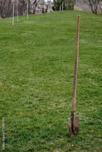 Shovel stuck in green lawn, park maintenance gardening tool, vertical poster