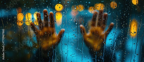 Hands of people behind the glass covered with rain drops. Abstract background