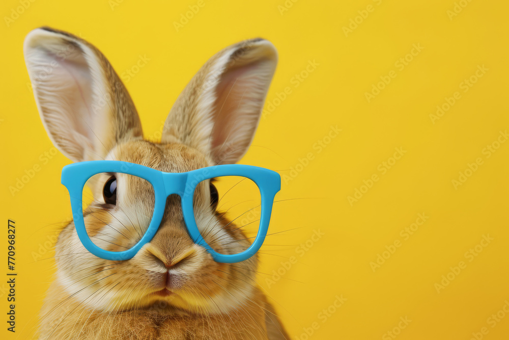 Funny easter bunny wearing blue glasses on yellow isolated backgroung.