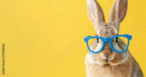 Adorable easter bunny wearing blue glasses on yellow isolated backgroung.
