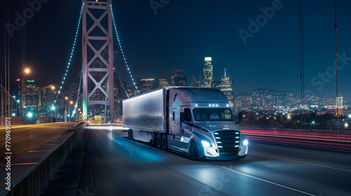 Illuminated semi truck traveling across a bridge with a city skyline backdrop at night photo