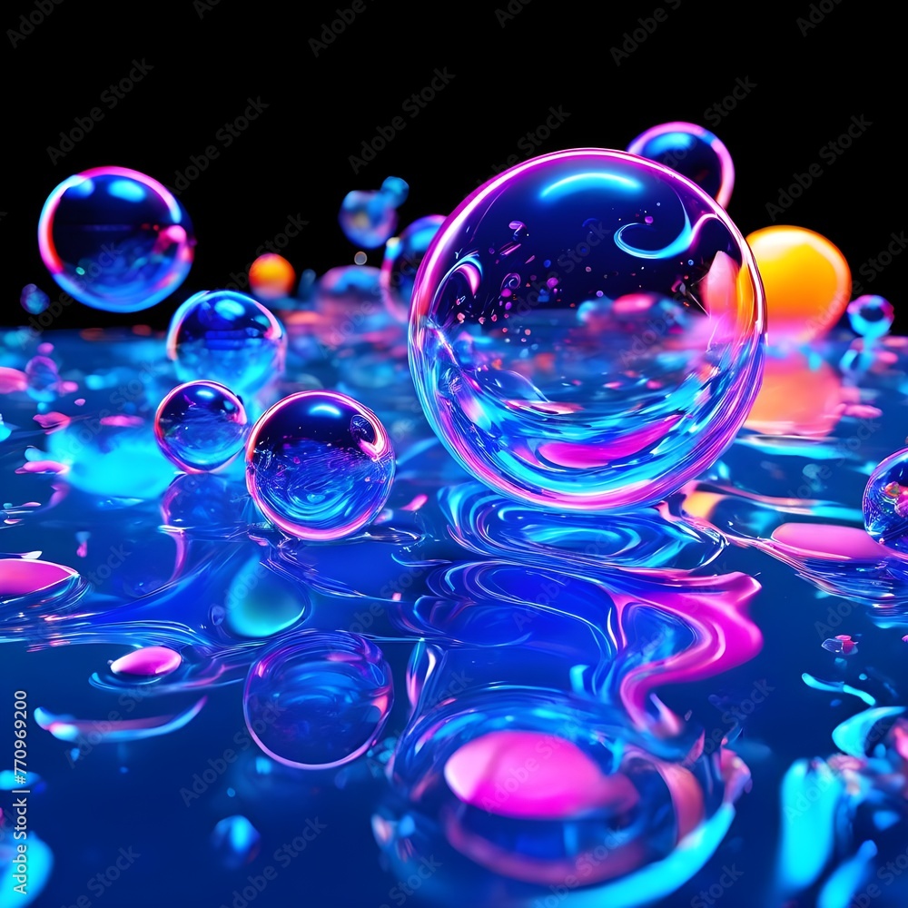 abstract 3d design with glow b bubbles liquid illustration  blue circle drop light transparent