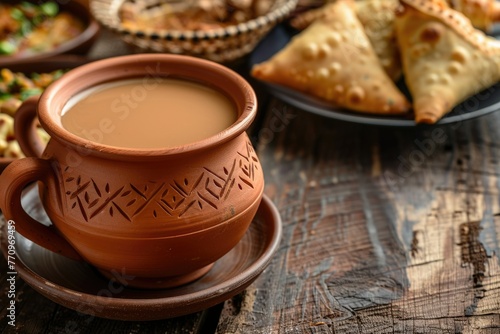 Masala tea, samosa. Indian breakfast at the market. clay mug.
