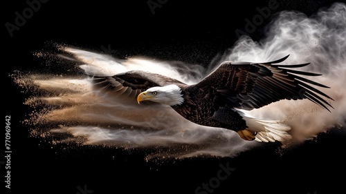 Flying bald eagle over brown and white powder explosion on black background. Generative Ai concept for memorial day or independence day. National animal USA.