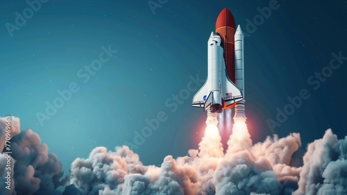 A rocket launching in blue background. 3d render illustration. Generative AI.