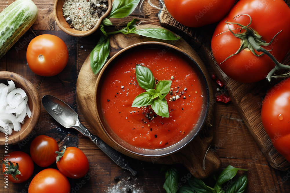 Tomato soup or gazpacho. Summer cold vegan food. Spanish dish. Tomato soup or gazpacho. Summer cold vegan food. Spanish dish.