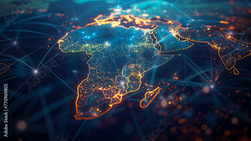 Digital Connectivity Network Map of Africa. An intricate digital map of Africa glowing with connectivity points, illustrating the continent's digital communication and network infrastructure.