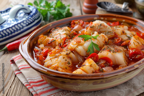 Ajoarriero is a traditional Spanish dish consists of shredded salt cod that's combined with tomatoes, garlic, onions, red and green peppers closeup on the bowl. Spanish Bacalao. photo