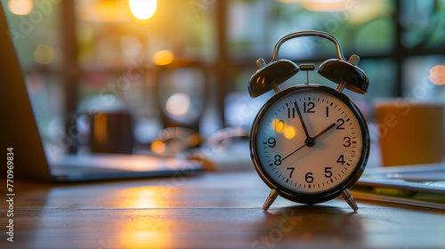 Alarm Clock on Work Desk with Sunset Glow. An analog alarm clock sits on a wooden desk, illuminated by the warm glow of a sunset, accompanying a productive evening work session.