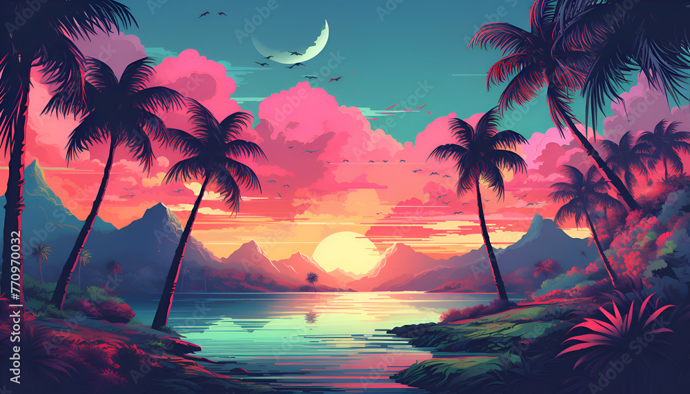 Beautiful tropical island with palm trees and sunset. Vector illustration.