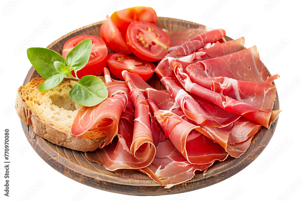 Italian prosciutto crudo or spanish jamon. Jerked meat, isolated on white background