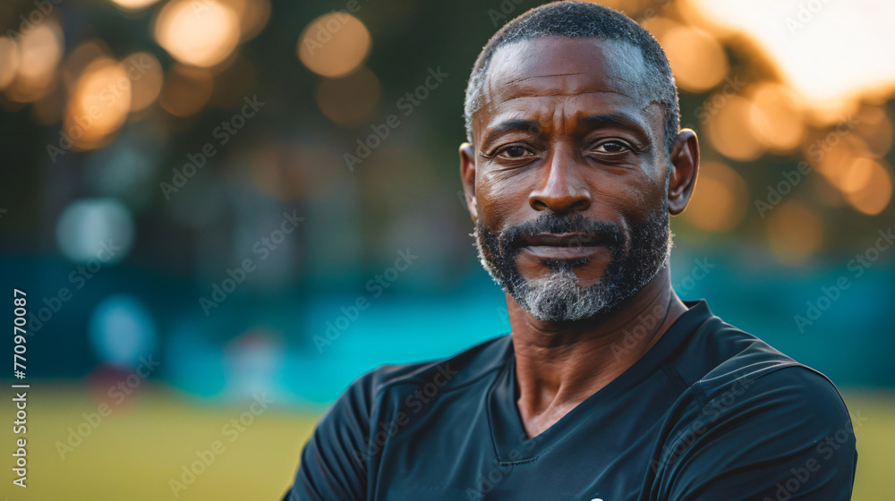 black sports coach at side of pitch, close-up, Ideal for coaching, motivation, and sports leadership visuals black sports coach at side of pitch, close-up, Ideal for coaching, motivation, and sports leadership visuals