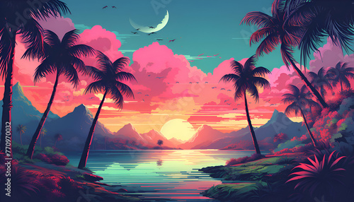 Beautiful tropical island with palm trees and sunset. Vector illustration.