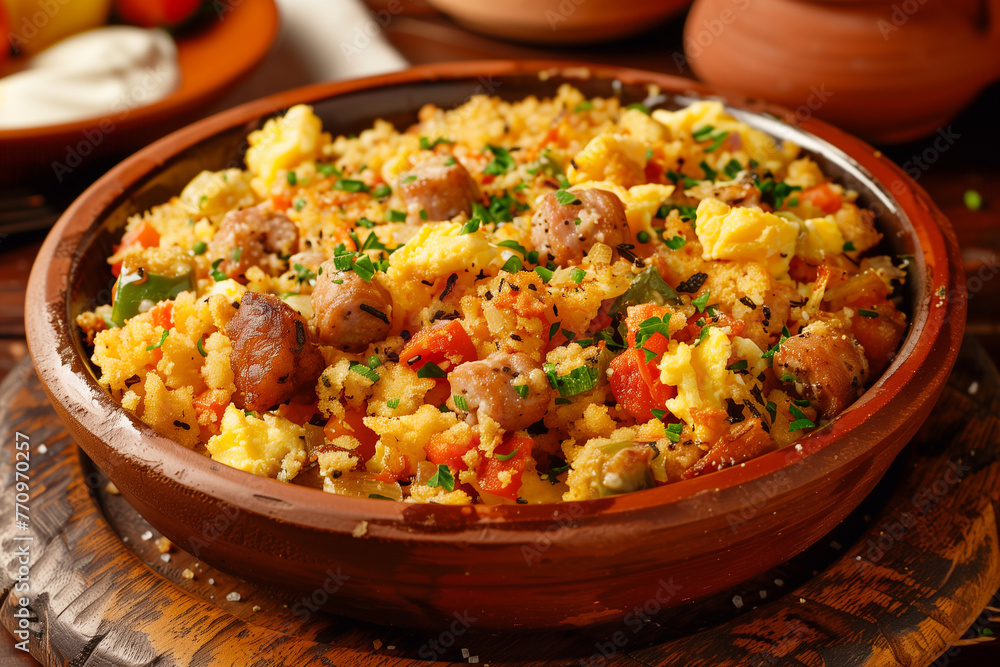 Plate with typical spanish dish migas pastoriles. Typical spanish cuisine Plate with typical spanish dish migas pastoriles. Typical spanish cuisine