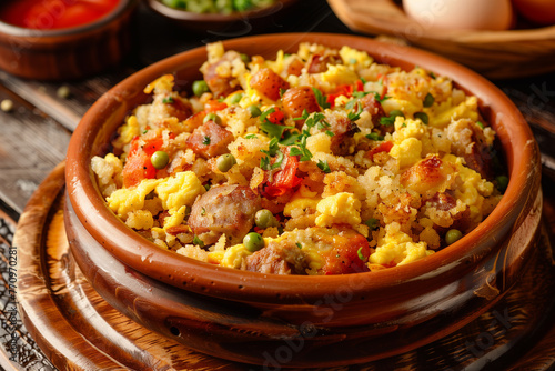 Plate with typical spanish dish migas pastoriles. Typical spanish cuisine photo