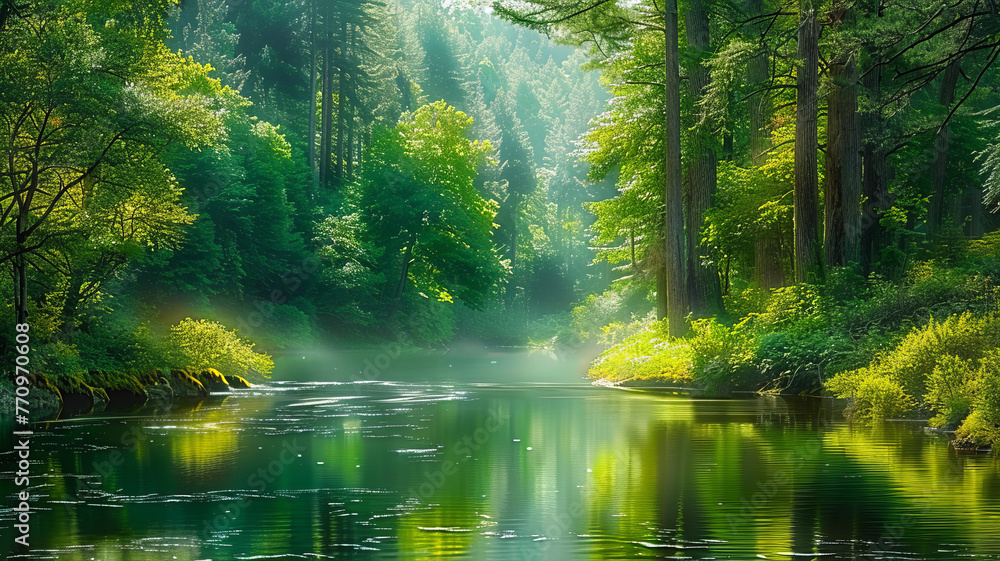Tranquil forest scene: river, tall trees, soft sunlight, serene atmosphere.generative ai Tranquil forest scene: river, tall trees, soft sunlight, serene atmosphere.generative ai