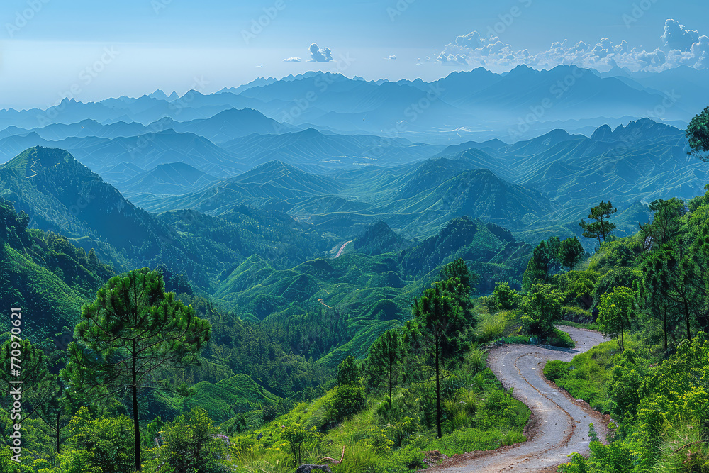 A panoramic view of the green mountains and forests in G bothering, Vietnam. The winding road winds through these lush mountainous landscapes. Created with Ai