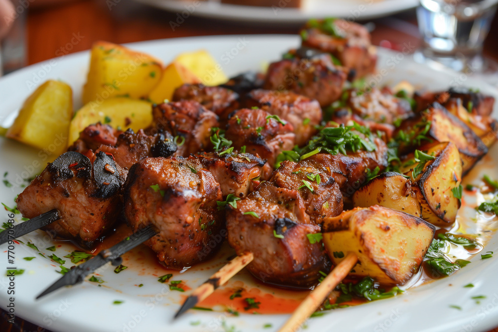 Spanish kebab Pinchos Morunos. Greek souvlaki. Spanish kebab Pinchos Morunos. Greek souvlaki.