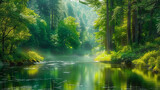 Tranquil forest scene: river, tall trees, soft sunlight, serene atmosphere.generative ai