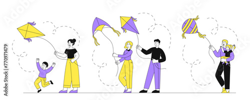 People with fly kite vector set