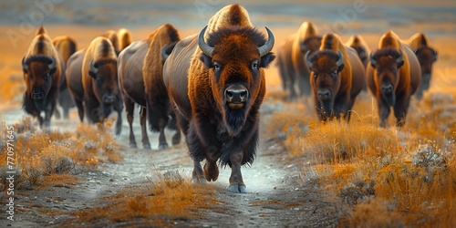 Conservation of Bison Herds: Wildlife Migration Routes and Human-Wildlife Interactions. Concept Bison Conservation, Wildlife Migration, Human-Wildlife Interaction, Bison Herds