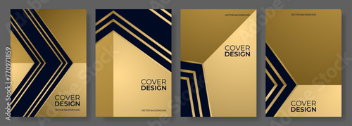 Black and gold 3D abstract modern vertical posters vector set. A4 resolution geometric background elegant cover design for brochure, book, flyer, poster, background banner, annual report presentation.