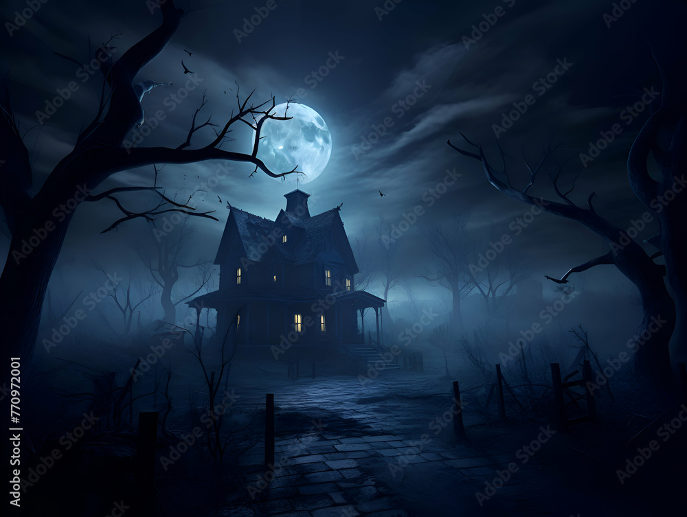 Halloween background with haunted house and full moon. 3d render
