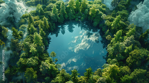 A cinematic shot of an aerial view of the green forest with a big lake in its center. A ring-shaped cloud floats over it, with a blue sky, Created with Ai