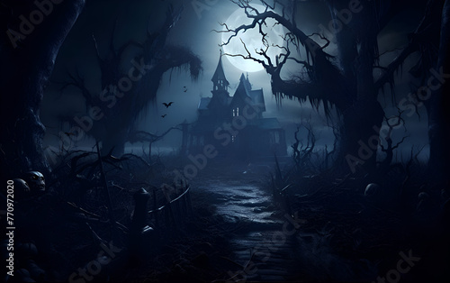 Halloween concept. Silhouette of a scary castle in the forest at night. 3d rendering
