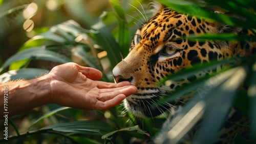 Fototapeta Human hand touching a jaguar's face through foliage.