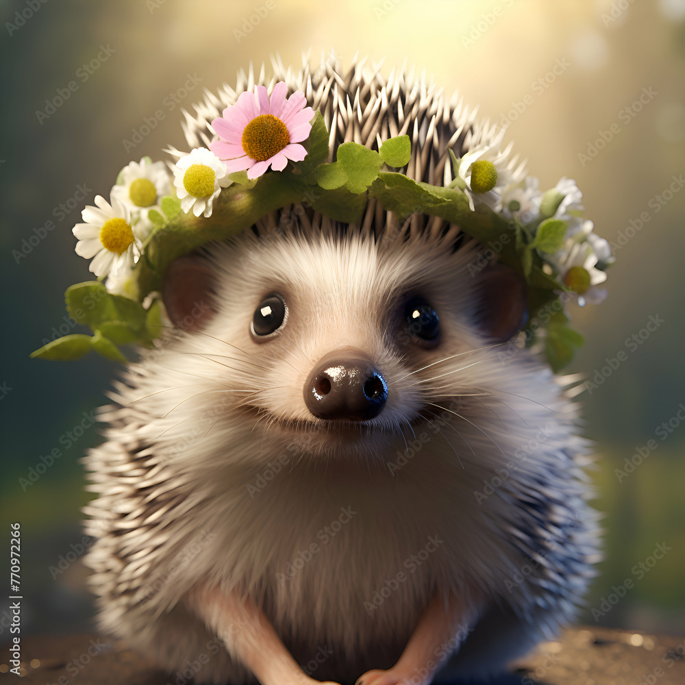 hedgehog with flowers in a wreath on his head on the nature hedgehog with flowers in a wreath on his head on the nature