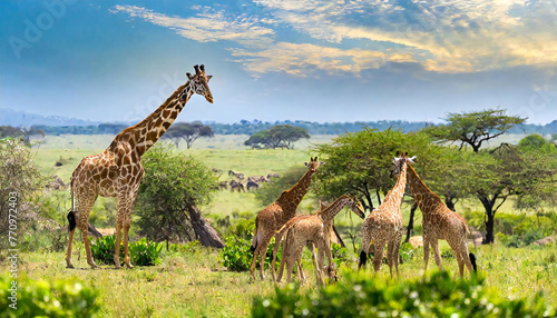 野生のキリンのイメージ素材。キリンの群れ。Image material of wild giraffe. A herd of giraffes.