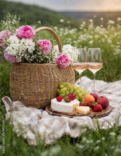 Blanket in Field with Wicker Picnic Basket  Glasses of Wine  Plate of Cheese and Fruit and a Bouquet AI