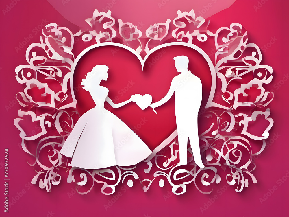 Paper-cut, romantic couple love with hearts in valentine, wedding. Couple in love, heart expression of card. Illustration, flat design. Paper-cut, romantic couple love with hearts in valentine, wedding. Couple in love, heart expression of card. Illustration, flat design.