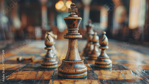 A close-up of a chess king and pawns on a board.