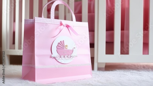 A pink baby bag with a stroller on it sits on a white crib. The bag is decorated with a bow and the word "baby" on it