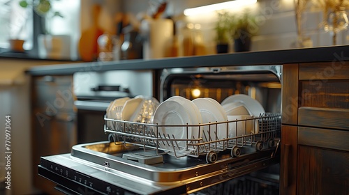 A kitchen appliance, dishwasher, filled with plates and silverware in a house