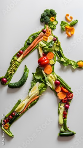 The image depicts a human figure crafted from an array of colorful vegetables, demonstrating creativity and a unique approach to food art